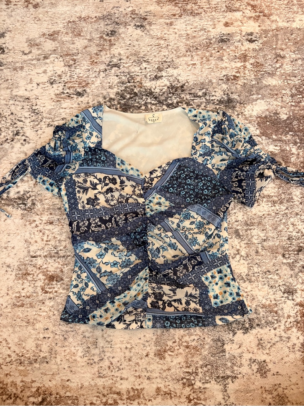 Blue Patchwork Print Sweetheart Tie-Sleeve Blouse